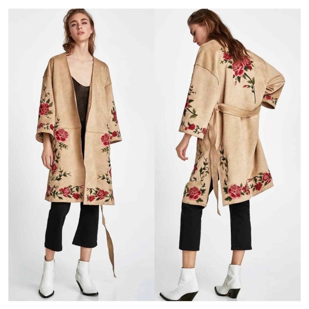 Zara Faux Suede, Embroidered, Belted Trench Coat - Size Medium